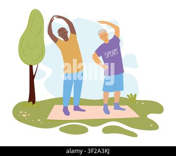 Sozialisierung von Senioren durch Sport. Ältere Menschen machen Übungen im Park. Vektorillustration, Altersgemeinschaft. Stock Vektor