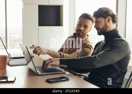 Zwei Männer Arbeiten An Laptop In Modern Office, Focused Business Concept Stockfoto