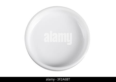 weiße Keramikschale isoliert auf weißem Hintergrund. Top-Ansicht. Flat Lay Stockfoto