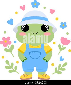 Jungenfrosch-Charakter in blauen Latzhosen und Sonnenhut mit Blumen. Vektor-Maskottchen isoliert auf weißem Hintergrund. Stock Vektor