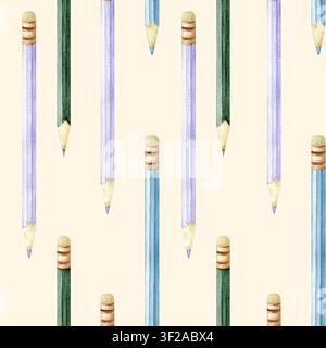 Nahtloses Aquarellmuster mit Bleistiften auf einem weichen cremefarbenen Hintergrund. Minimalistisches Schul- und Bürod Design für Geschenkpapier, digitale Planer Stockfoto