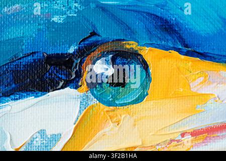 Das Kunstwerk zeigt verschiedene Vögel, die mit Öl- und Acrylfarben geschaffen wurden. Der Fokus liegt auf lebendigen Farben und Texturen, die Nahaufnahmen hervorheben Stockfoto