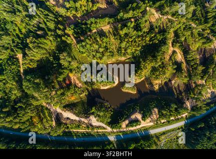 Luftbild eines kleinen Teiches, umgeben von dichtem Wald, Schotterwegen und einer Straße in Lettland. Stockfoto