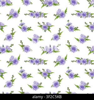 Wegblumen mit Blättern nahtloses Muster Dekorelement Aquarellillustration. Handgezeichneter Vintage-Stil Wegblumen Wiesen-Wildblume Sommermood Stockfoto
