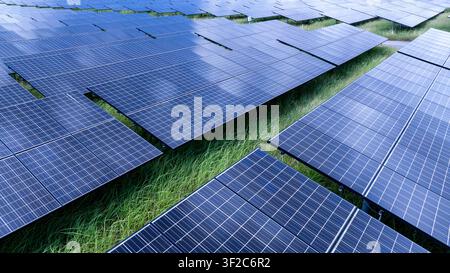 Reihen kristalliner photovoltaischer Solarpaneele, die in einem grünen Feld in Khon Kaen, Thailand, installiert sind und nachhaltige erneuerbare Energieproduktion repräsentieren. Stockfoto