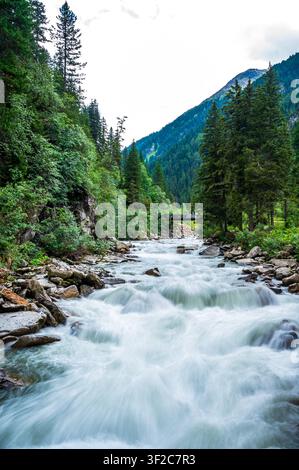 Eine dynamische Ansicht des Krimmler Ache, der über Felsen durch dichten grünen Wald in den Hohen Tauern nahe Krimml, Salzburg, Österreich rauscht. Das Weißwasser Stockfoto