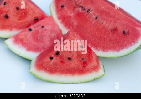 Oberansicht von frischen dreieckigen Wassermelonenstücken, die auf einem weißen Hintergrund angeordnet sind. Hellrote, saftige Frucht mit einer klaren minimalistischen Komposition und Kopierraum Stockfoto