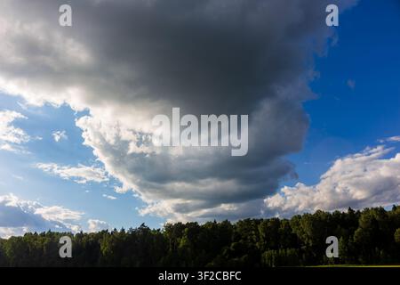 Riesige dramatische Kumuluswolke, die am Horizont aufragt, grelles Sonnenlicht fängt den Rand der dunklen, bedrohlichen Wetterformation vor einem lebhaften Blau Stockfoto