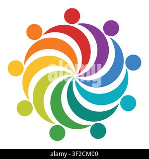 Dieses lebendige spiralförmige Design zeigt miteinander verbundene Personen-Symbole in verschiedenen Farben, die die Einheit und Zusammenarbeit verschiedener Individuen symbolisieren Stock Vektor