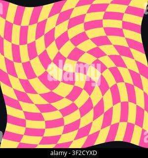 Das Design zeigt ein klassisches Schachbrettmuster, das sich wölbt und wirbelt, als würde es in eine Linse gezogen. Dieses psychedelische Muster verwendet ein leuchtendes Rosa a Stock Vektor