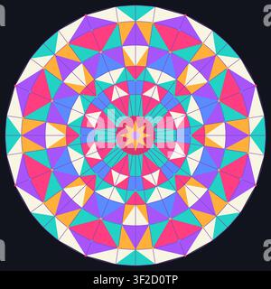 Dieses Design zeigt eine kreisförmige Anordnung von farbenfrohen geometrischen Formen, darunter Sterne und Dreiecke. Das Kunstwerk verwendet helle Farben und symmetrische Stock Vektor