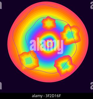 Diese Illustration zeigt einen konzentrischen Wirbel aus lebendigen Regenbogenbändern, die zu flüssigen Formen verschmelzen. Das Design umfasst wirbelnde Spiralinien Stock Vektor