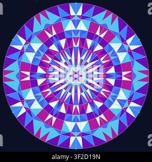 Diese Vektorillustration zeigt ein kreisförmiges geometrisches Mandala aus blau und lila Formen, die symmetrisch angeordnet sind. Das Design zeigt einen Stern am C Stock Vektor