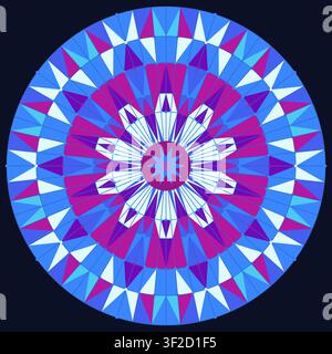 Dieses Kunstwerk zeigt ein kreisförmiges geometrisches Design mit einem Sternenmuster in den Farben Blau, Rosa und Weiß. Das Design besteht aus symmetrischen Formen Stock Vektor