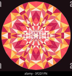 Dieses Kunstwerk zeigt ein geometrisches Mandala-Muster, das aus verschiedenen Formen und hellen Farben besteht. Das Design ist kreisförmig und symmetrisch, geeignet für u Stock Vektor