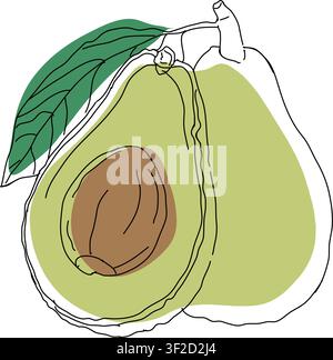 Stilisierte Sammlung von flachen Vektorelementen in Grüntönen, Umrisszeichnung für Avocado, Design, Scheiben-Avocado-Linienkunst, Handmalerei-Set, EPS Stock Vektor