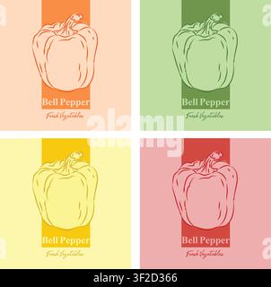 Bunte Paprika-Labels im handgezeichneten Stil, Verpackungsdesign mit Frucht-Symbolen und Text, minimales und farbenfrohes Etikett, Etikettenaufkleber für Verpackungen Stock Vektor