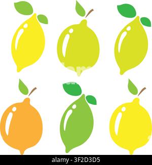 Einfaches gelbes und grünes Zitronen-Vektordesign, 2D-flaches Vektor-Limetten-Illustrationssymbol isoliert auf weißem Hintergrund. Grünes Limetten-Aufklebersymbol im Flachstil Stock Vektor