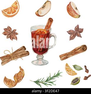 Aquarell-Set mit Glühweinelementen mit Zimtstangen, Anissternen, Orangenschale, Rosmarin, Apfelscheiben und Gewürzen, Cliparts auf Weiß. Vektor-EPS. Stock Vektor