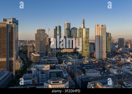 Frankfurt am Main, Deutschland - 18. Juni 2026: Luftaufnahme der Frankfurter Skyline, moderner Glasskyscraper und historischer Gebäude, die in goldenem Licht baden Stockfoto