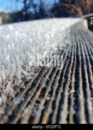 Ein Makrofoto fängt die komplexen Details von Frostkristallen ein, die im natürlichen Licht auf einer strukturierten Oberfläche funkeln Stockfoto