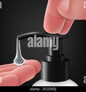 Realistische Hände, die eine Händedesinfektionsmittel-Pumpe verwenden, Vektorillustration Stock Vektor