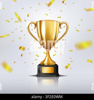 Realistische Goldene Trophäe, umgeben von fallendem Konfetti, isoliert auf weißem Hintergrund, Vektorillustration Stock Vektor
