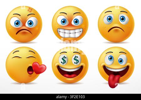 Lächelnde Gesichter Emoticon Charakter-Set, Gesichtsausdrücke von niedlichen gelben Gesichtern wütend, verliebt, ausflippen und traurig. 3D Realistisch, Vektor-Illustration Stock Vektor