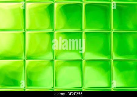Nahtloses grünes Mosaik wiederholtes Muster Glasfliese glänzender Hintergrund 3D-digitale Quadrate. Stockfoto