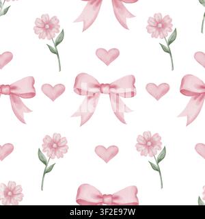 Nahtloses Aquarellmuster mit rosa Schleifen, Herzen und Blumen. Für Hochzeits-Einladungen, Baby-Party-Designs, Textildrucke und Liebesgeschenkverpackungen. Romantische weibliche Illustration für Branding auf Weiß Stockfoto