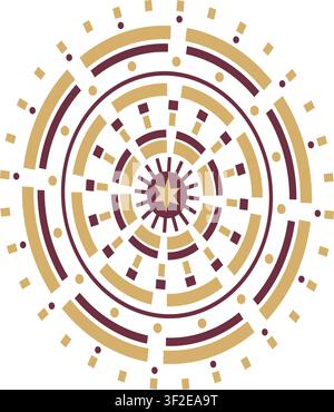Dieses Kunstwerk zeigt ein Medaillondesign mit konzentrischen Ringen und kreisförmigen Motiven. Es präsentiert eine Vielfalt an Formen und Farben, die eine symmetrische Stock Vektor