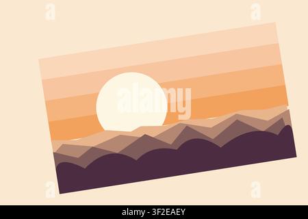 Das Kunstwerk zeigt einen geschichteten Sonnenaufgang über einer bergigen Landschaft. Die Szene zeigt eine große Sonne, die über verschiedenen Schattierungen von Bergen aufgeht, mit einem Sim Stock Vektor