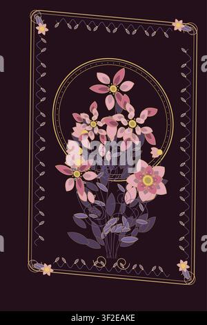 Dieses Kunstwerk zeigt ein Blumendesign mit verschiedenen Blumen vor einem dunklen Hintergrund. Die Komposition enthält kreisförmige und geometrische Elemente, die Stock Vektor