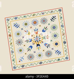 Dieses Kunstwerk zeigt ein lebendiges Blumendesign mit verschiedenen Formen und Farben. Die Komposition umfasst Sterne, Blätter und Blumen, die symmetrisch angeordnet sind Stock Vektor
