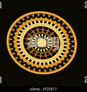 Dieses Kunstwerk zeigt ein Mandala-Design, das aus aufwendigen kreisförmigen Mustern in Gelb, Braun und Schwarz besteht. Stock Vektor