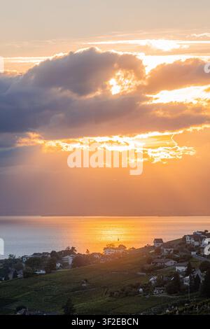 Goldener Sonnenuntergang über dem Genfer See, mit leuchtenden Wolken, ruhigem Wasser und einem Hügeldorf, das von Weinbergen und Grünflächen eingerahmt ist, das die ruhige Schweizer Seenlandschaft einfängt Stockfoto