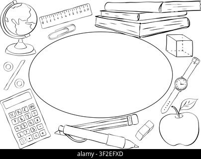 Bildungsmaterialien und Werkzeuge Schulstudentenrahmen oval rechteckig Schwarz- und Weiß-Handzeichnung Illustration. Vektor-Grafik-Linien-Tinten-Kunstvorlage. Perf Stock Vektor
