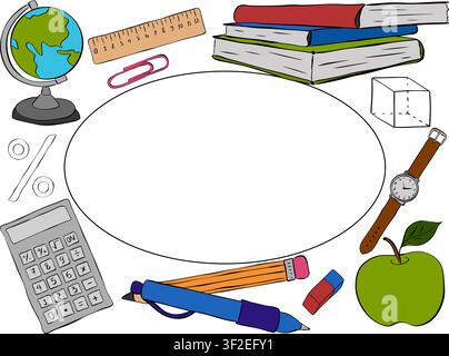 Bildungsmaterialien und Werkzeuge Schulstudentenrahmen oval rechteckig handgezeichnete Illustration. Vektor-Grafik-Linien-Tinten-Kunst-Vorlage. Perfekt für Kinderdes Stock Vektor