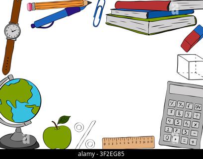 Bildungsmaterial und Werkzeuge Schulstudentenrahmen Rechteck handgezeichnete Illustration. Vektorgrafik Linien-Tinten-Kunstvorlage. Perfekt für Logo, Branding Stock Vektor