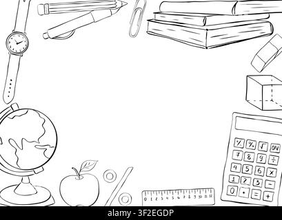 Bildungsmaterialien und Werkzeuge Schulstudentenrahmen Rechteck Schwarzweillustration im Handgezeichneten Stil. Vektorgrafik-Linien-Tinten-Kunstvorlage. Perfekt f Stock Vektor