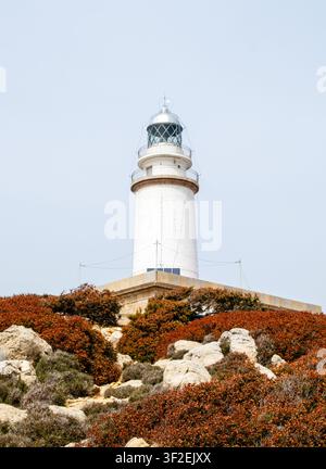 Leuchtturm von Cap de Formentor auf felsigem Hügel vor klarem Himmel, Mallorca, Spanien. Vertikale Ausrichtung Stockfoto