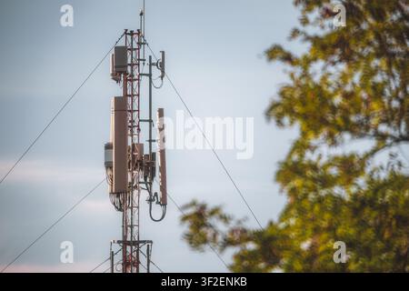 Teleobjektivansicht von Panelantennen, Kabeln und Funkeinrichtungen, die auf einem stählernen Mobilfunkmast montiert sind, neben weichem grünem Baum-Bokeh, mit klarem blauem Himmel im Hintergrund Stockfoto