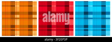Vektor-Plaid-Muster-Set mit Karo-Muster. Geometrische Holzfäller-Gingham-Hintergründe in roten, blauen und orangen Farben für Textildruck auf Stoff, Stock Vektor