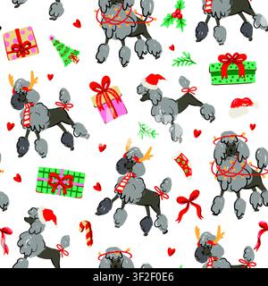 Weihnachts-Pudel-Muster ohne Ende mit süßen Pudeln Geschenke Schleifen Zuckerstangen festliche Feiertage Stock Vektor