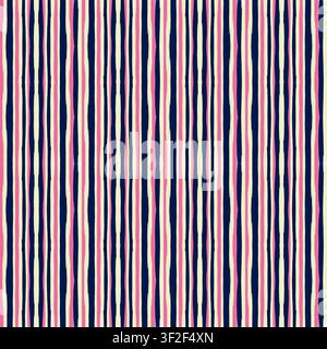 Handgezeichnete vertikale Pinselstrich-Streifen Nahtloses Muster mit Marineblau, Rosa und Cremetönen. Stockfoto