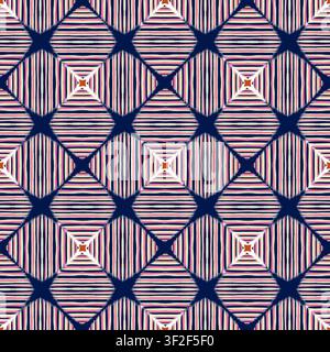 Kühnes geometrisches abstraktes Op-Art-Muster ohne Naht mit marineblauen, rosa und cremefarbenen Streifen. Stockfoto