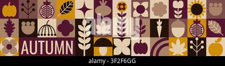 Lange Herbst-Banner mit geometrischen Blättern, Kürbissen und Granatäpfeln Stock Vektor
