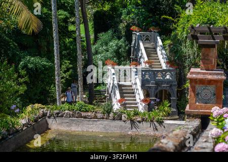 Sintra, Portugal - 14. Juli 2026: Blick auf die kunstvolle Steintreppe im Park und Palast von Monserrate, umgeben von üppigen Gärten und einem Teich mit Pe Stockfoto