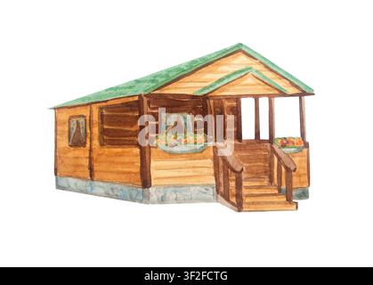 Aquarell rustikales Holz-Bauernhaus. Isoliertes handgezeichnetes Holzhäuschen-Illustrationselement für Cottagecore-Landhaus-Design. Realistisch detailliert Stockfoto