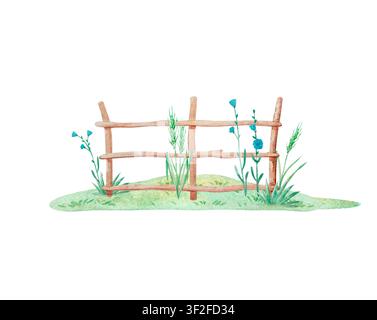 Aquarell-Holzzaun auf grünem Grashügel mit blauen Wildblumen und Weizenähren. Isoliertes Element, handgezeichnete Illustration für rustikalen Landbauernhof Stockfoto